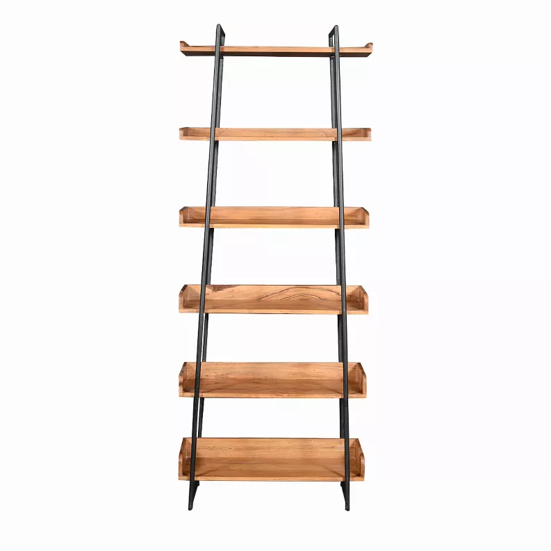 74 Inch 6-Tier Wooden Ladder Storage Bookshelf with Metal Frame, Brown and Black