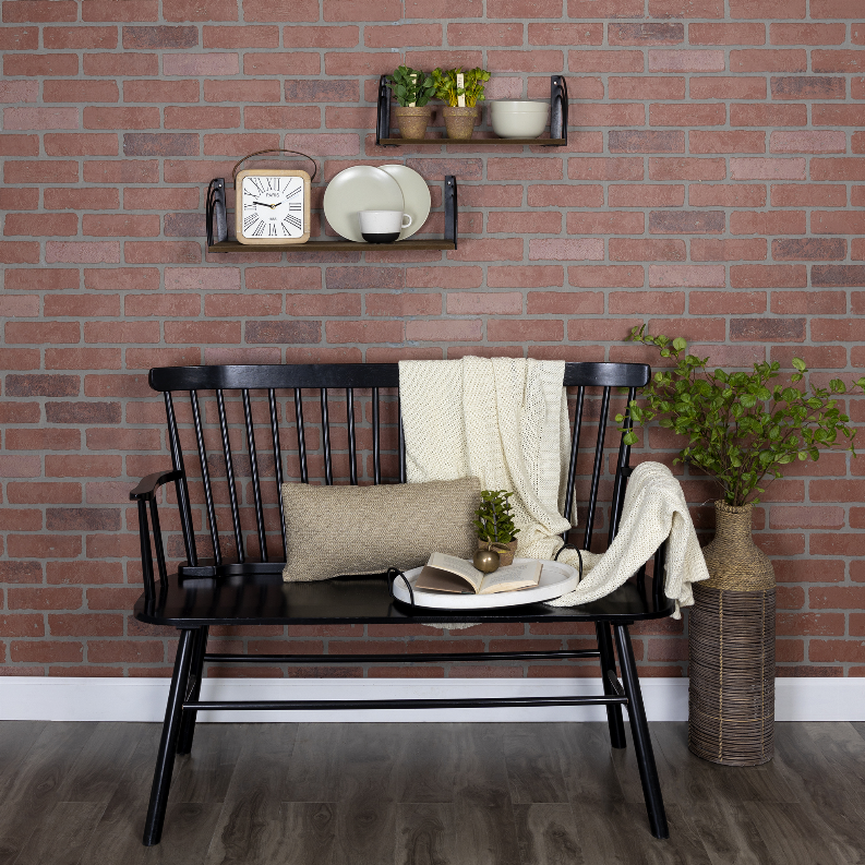 Farmhouse Set of 2 Matte Black Arched Metal and Wood Wall Shelves