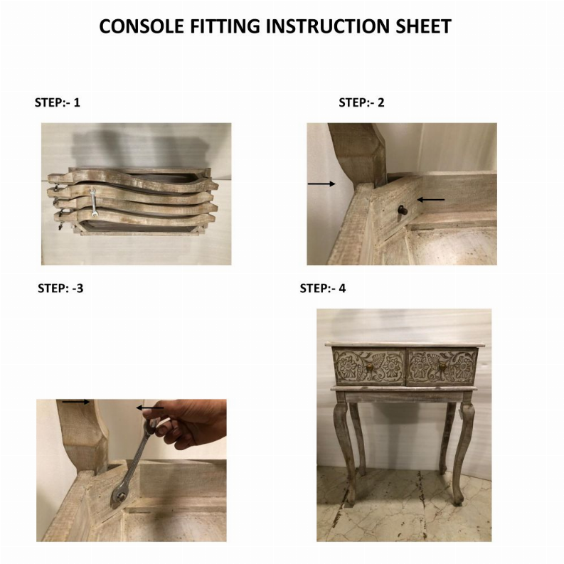 2 Drawer Mango Wood Console Table with Floral Carved Front, Brown and White