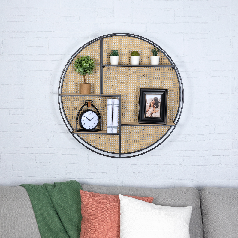 Farmhouse Tiered Cane Webb Round Wall Shelf