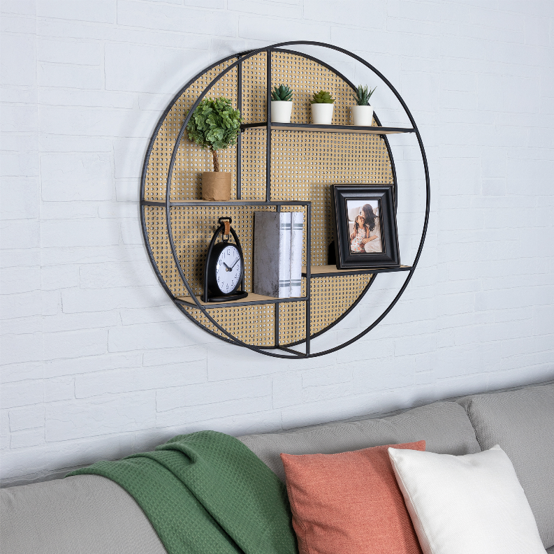 Farmhouse Tiered Cane Webb Round Wall Shelf