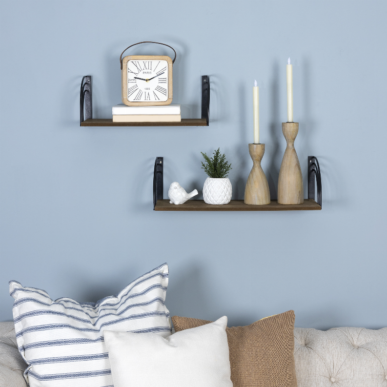 Farmhouse Set of 2 Matte Black Arched Metal and Wood Wall Shelves