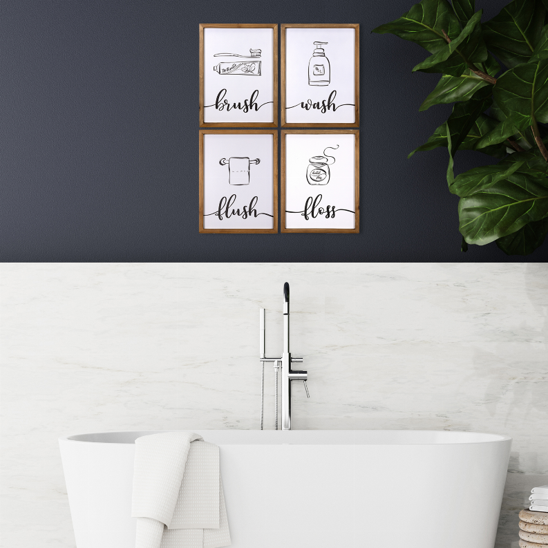 Brush, Wash, Flush, and Floss High Gloss Bathroom Wall Art Set