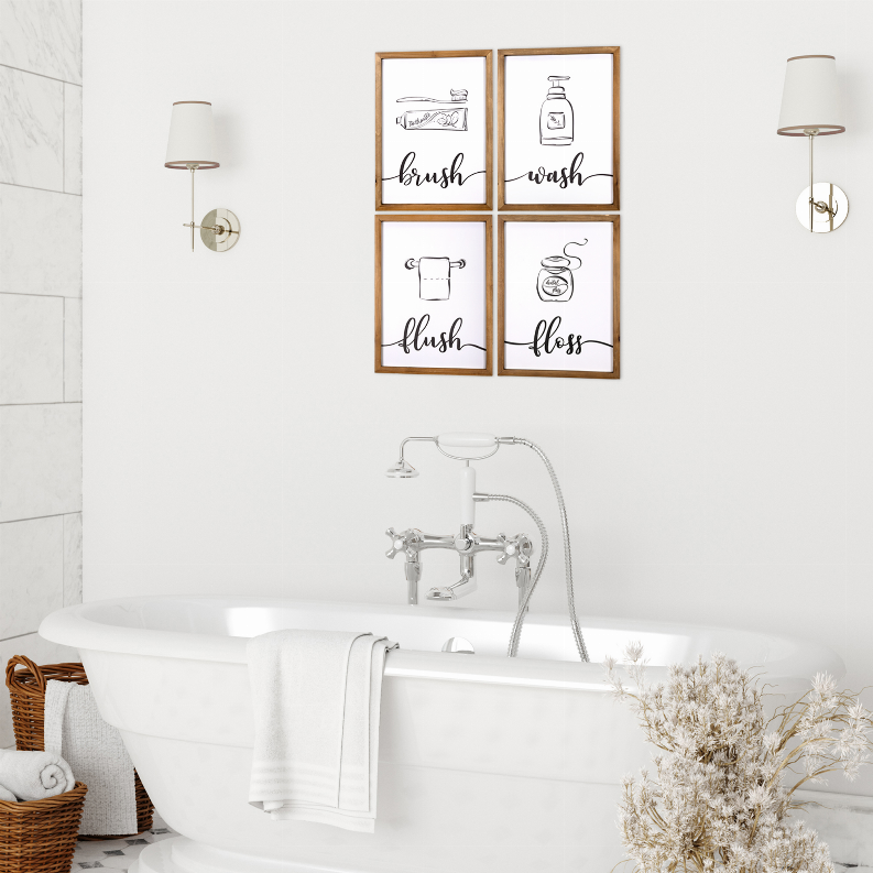 Brush, Wash, Flush, and Floss High Gloss Bathroom Wall Art Set