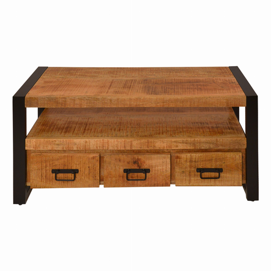 3 Drawer Wooden Farmhouse Coffee Table with Open Shelf and Metal Frame, Brown and Black