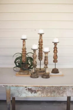 Set Of Five Repurposed Wooden Finial Candle Stands