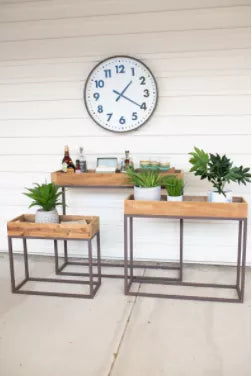 Set Of Three Rustic Recycled Wood Console Trays On Metal Bases